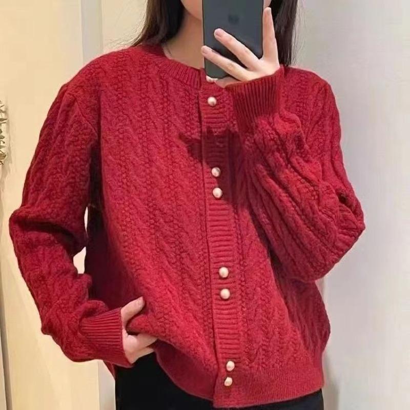 Autumn and Winter New Retro Twist Double Button Knitted Cardigan Women's Crew Neck Versatile Loose Sweater Jacket Tide