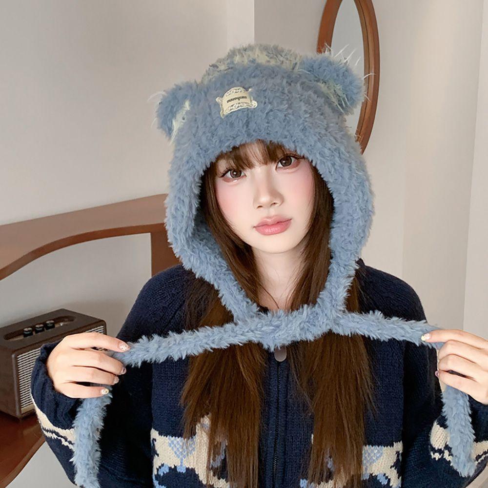 Cartoon Bear Ear Plush Knitted Hat Keep Warm Bear Ears Beanie Lovely Ear Protective Cap For Women
