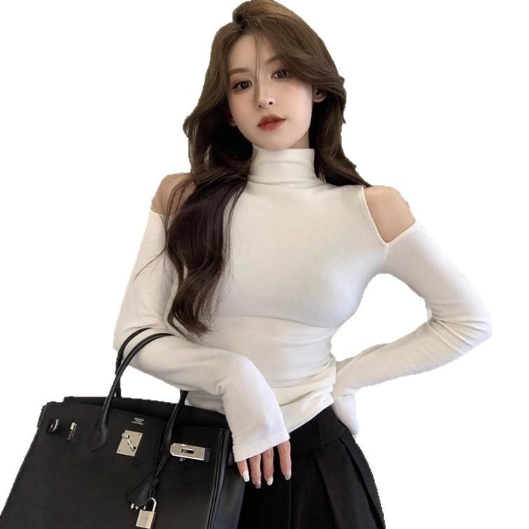 Sexy Pure Desire Semi-High Neck Off-Shoulder Slim Fit Long-Sleeve Women's Top: Autumn/Winter Trend