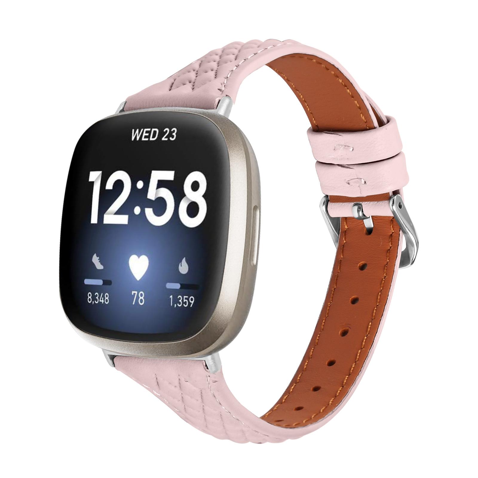 

For Fitbit Versa 3/Sense Top-layer Cow Leather Rhombus Design Watch Strap Brown