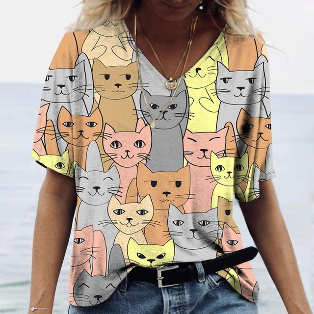 Women Cat Print Women's T-Shirt Oversized T-Shirt Top Women Clothing Design Plus Size V Neck Tee Casual