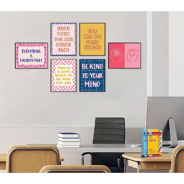 6Pcs Pink Blue Mental Health Wall Art Boho Therapy Office Wall Decor Motivational Psychology Painting Pirational Positive Quotes Poster Prints for