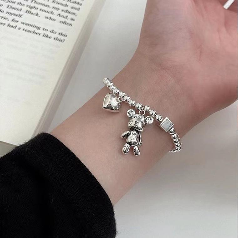 Mechanical Bear Heart Elastic Beaded Couple Bracelet - Stainless Steel Jewelry
