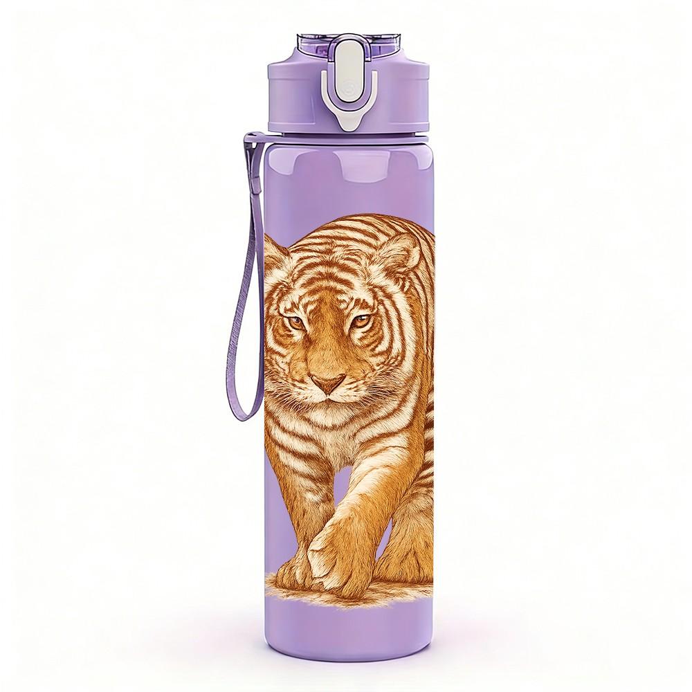 1PC Realistic Tiger Head Portrait Print 750ml Color Plastic Sports Water Bottle Leakproof Flip Straw Lid Suitable for Sports Office Home Use