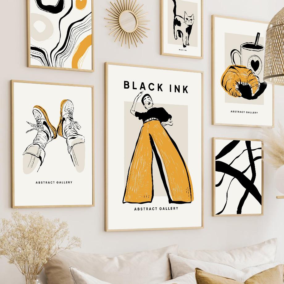 Girl Coffee Cat Flower Minimalist Wall Art Canvas Painting Abstract Line Posters And Prints Pictures For Living Room Home Decor