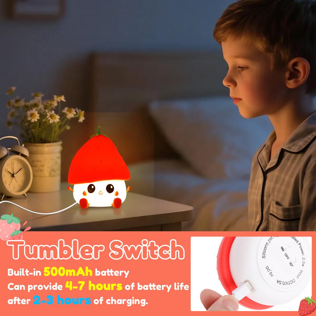 1Pc Cute Strawberry Night Light Silicone Rechargeable Nightlight Dimmable LED Strawberry Bedside Table Lamp for Bedroom Kid Room
