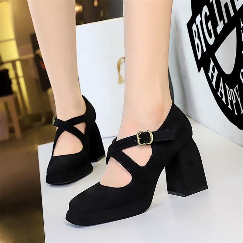 European American High Heel Thick Heel Waterproof Platform Shallow Mouth Square-Toe Belt Buckle Suede Cross-Belt Single Shoes 36