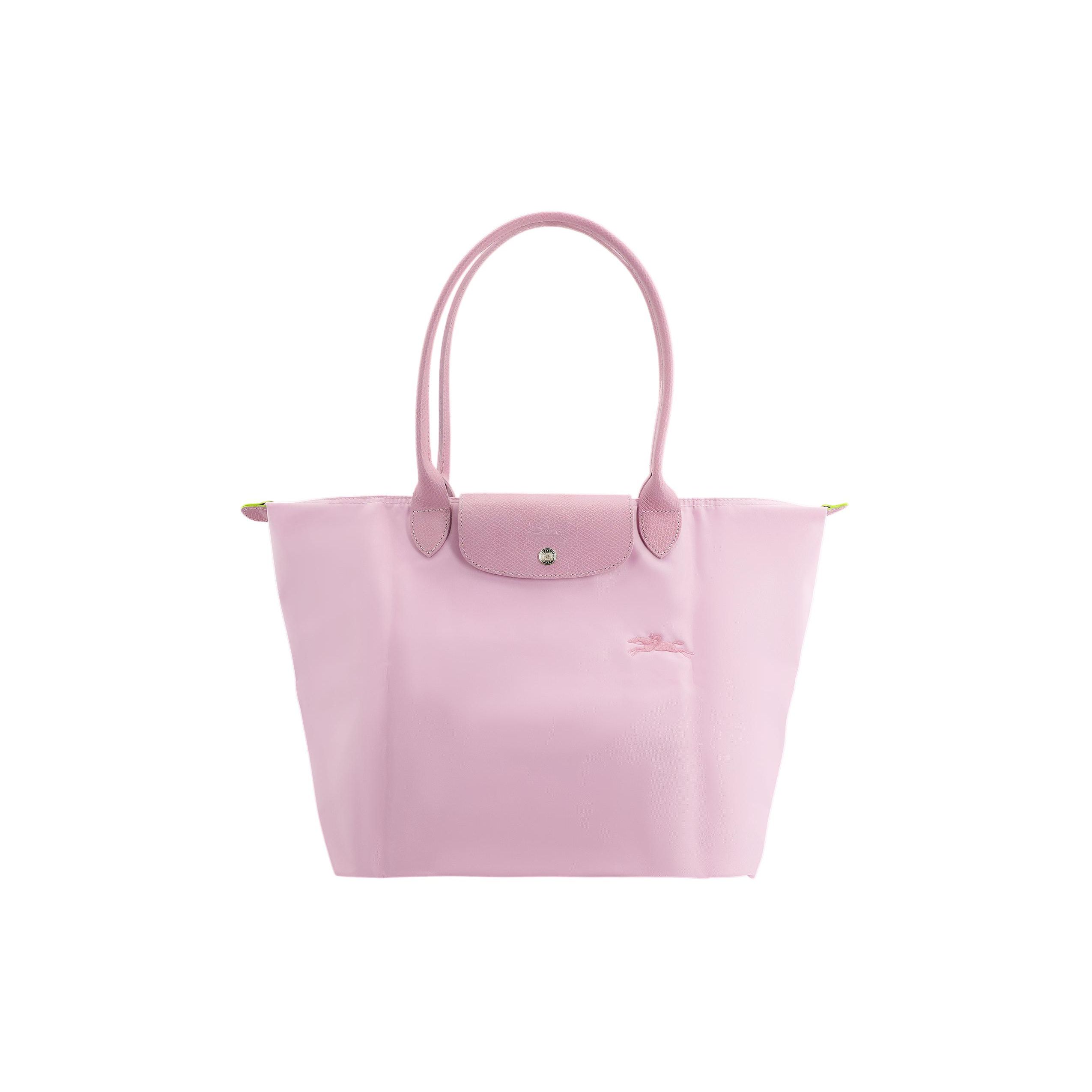 Longchamp Women's Green/Pink Le Pliage Solid Color Embroidered Logo Snap Flap Zipper Closure Tote Bag Tote Bags 1899919P75