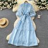 Lace A-word Embroidered Hollow Dress Women's Spring and Summer Long Sleeves Waist Thin Commuter Dress Pink