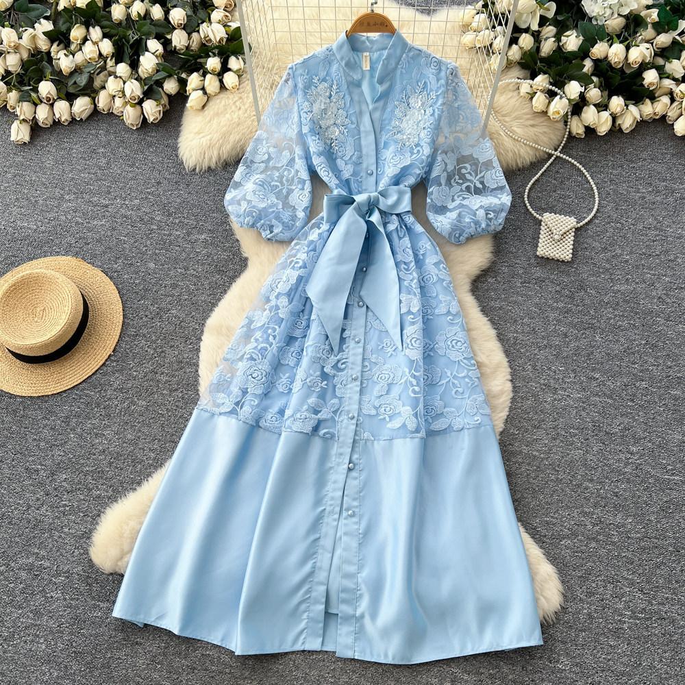 Lace A-word Embroidered Hollow Dress Women's Spring and Summer Long Sleeves Waist Thin Commuter Dress Pink