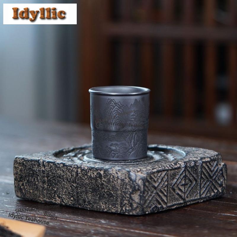150ml Stone Yellow Engraved Hill Teacup Tea Bowl Sample Tea Cup Tea-tasting Fragrance Cup Jianzhan Master Cups Tea Service Gift
