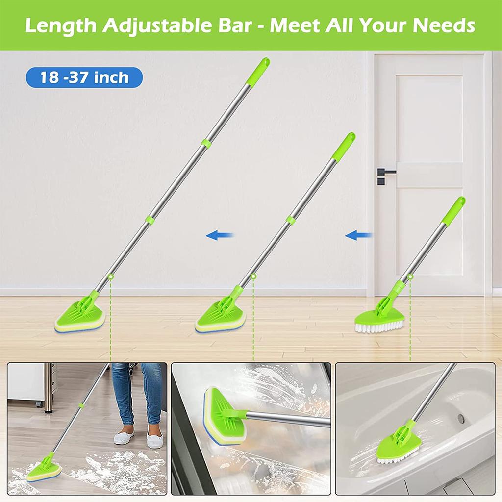 3 In 1 Long Handle Tile Scrubber Cleaning Brush Triangle Sponge Glass Wiper 180° Rotatable Retractable Bathroom Floor Cleaning