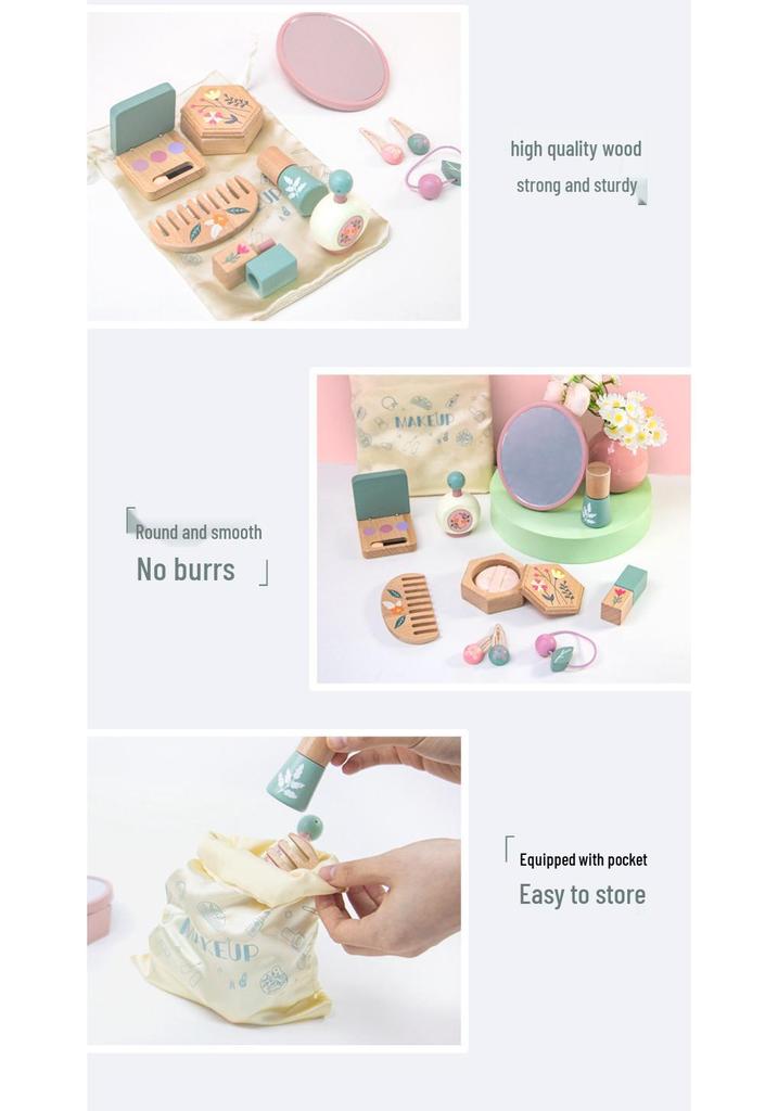 Korean-Style Wooden Makeup Toy Set for Girls: Colorful Eyeshadow, Powder, Lipstick & Perfume