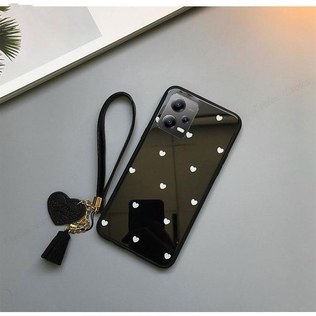 

Чехол для телефона из закаленного стекла с рисунком сердца любви для POCO X5 Pro F5 M4 M5, чехол на ремешке с кисточками для Redmi Note 12 4G 5G 12C 12Pro Plus for poco X5 5G чёрный