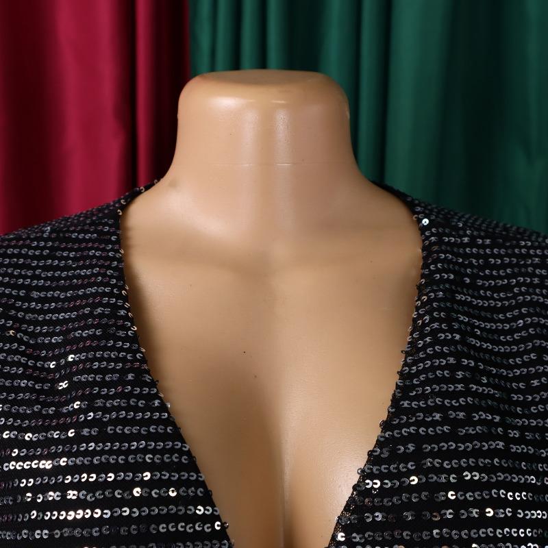 Plus Size Women Sequined V Neck Slit Long A Line Casual Dress