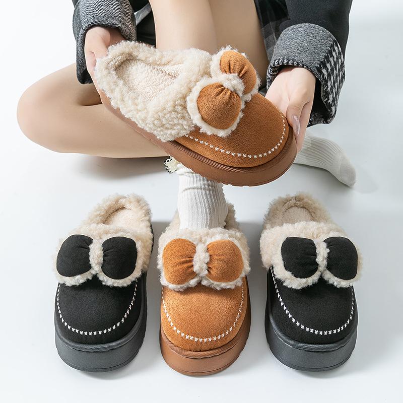 Bow Cotton Slippers Thickened Cotton Shoes Autumn and Winter Velvet Warm Comfortable Indoor Home and Outdoor Shoes