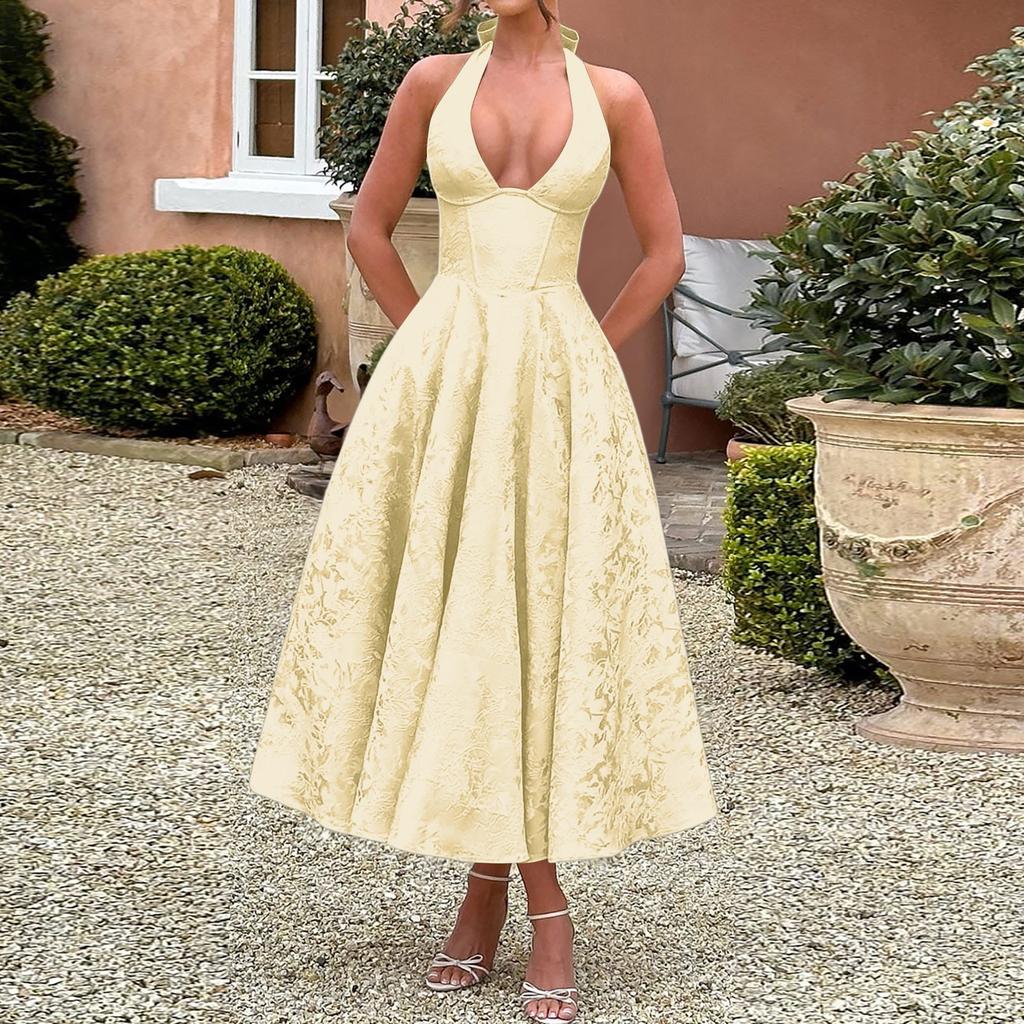 Damen V-Ausschnitt Hängender Nacken Einfarbig Hochwertiges Abendkleid Sommer Temperament Ärmellos Rückenfrei Tailliertes Kleid