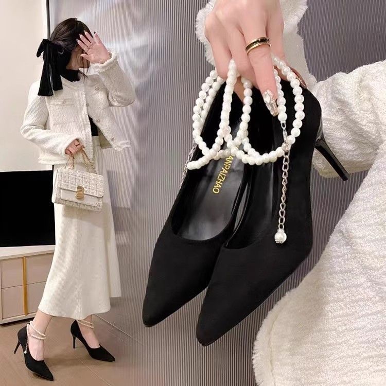2025 new suede black high heels women's pearl non-slip stiletto pointed high-end one-word buckle fairy single shoes