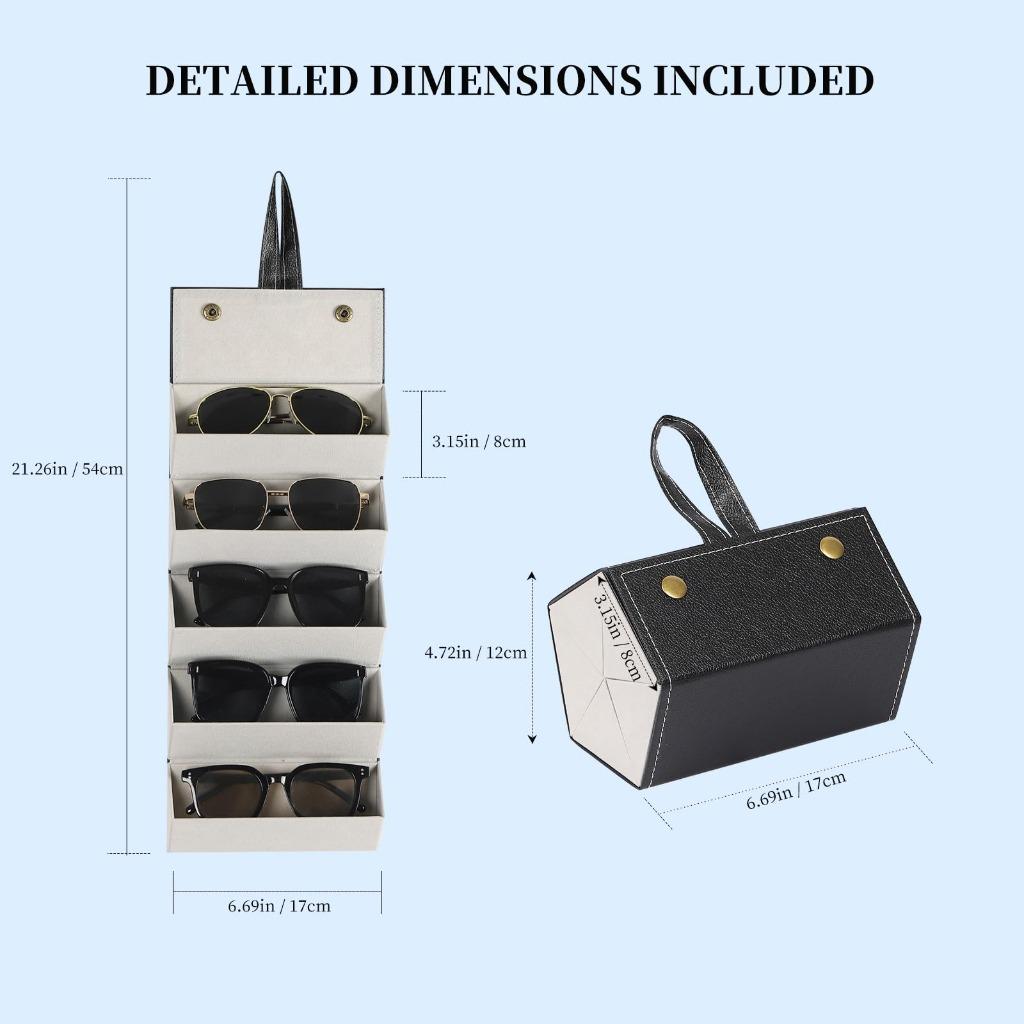 Multi-slot Foldable Sunglass Case, 5 Slots Portable PU Leather Eyewear Organizer, Hanging Travel Glasses Storage Holder Box