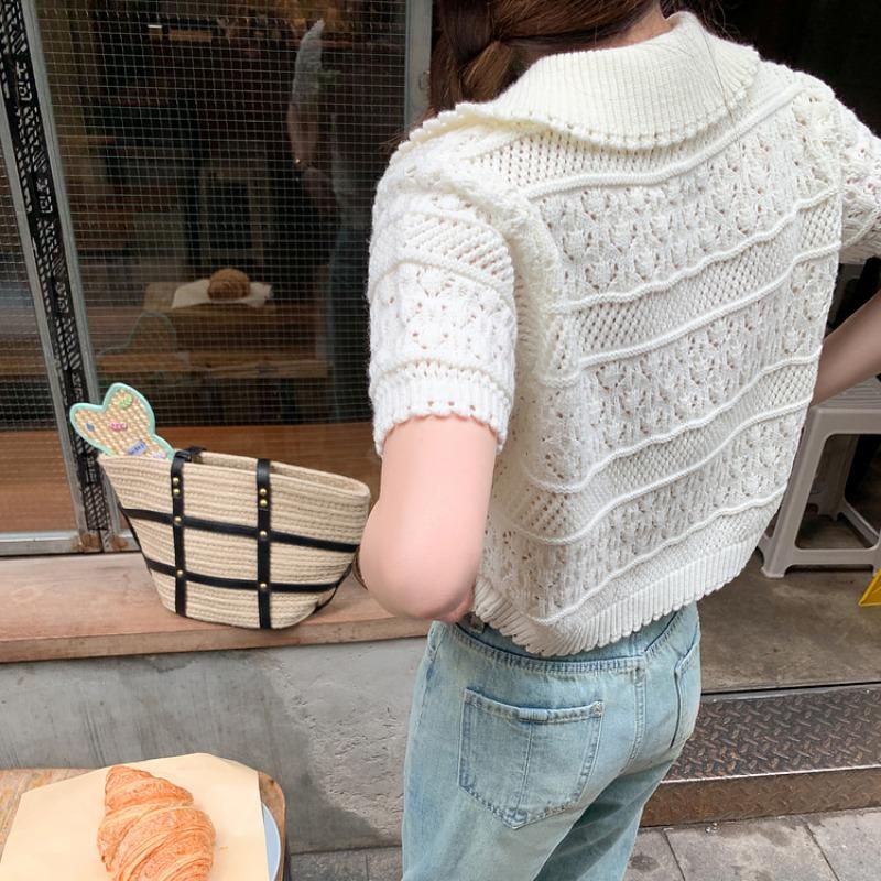 Summer Short Sleeve White Lace Blouse Women Sweet Doll Collar Knitted T-shirt Elegant Fashion Hollow Out Casual Loose Short Shirt Lady Simple Clothing
