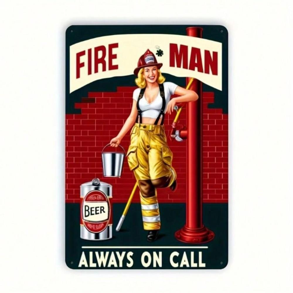 Vintage Firefighter Metal Sign, Retro Tin Poster for Office Wall Decor, Garage Man Cave Art