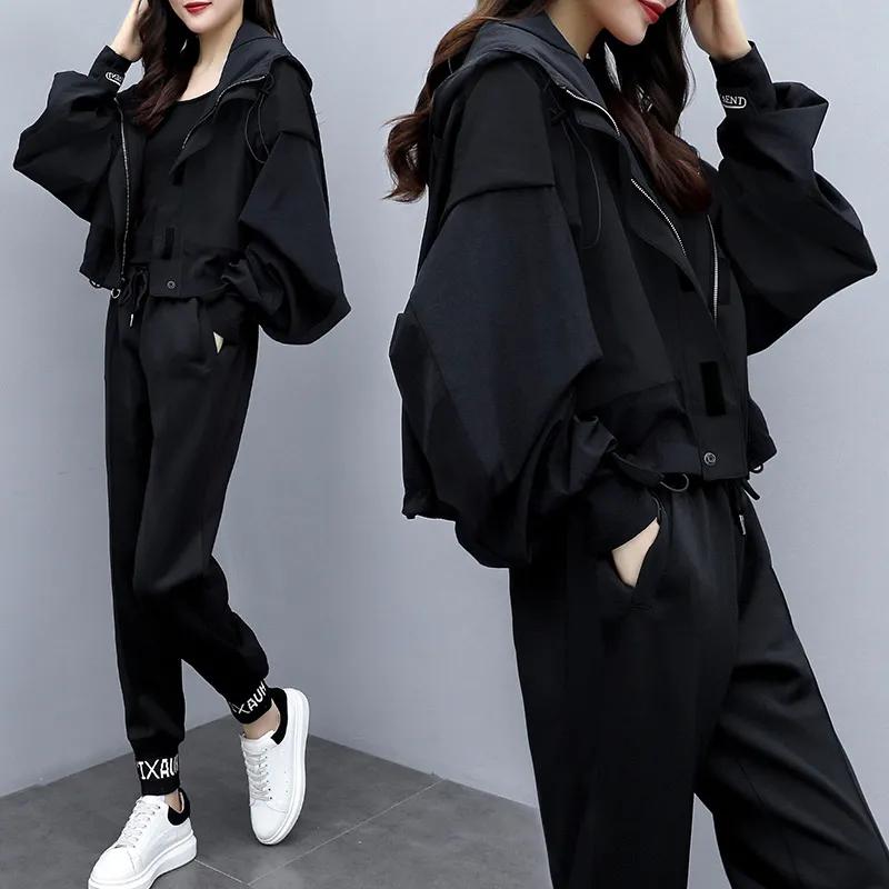Women's Spring and Autumn Color Blocking Casual Suit Hooded Jacket + Pants Sports Aging Two Piece Set