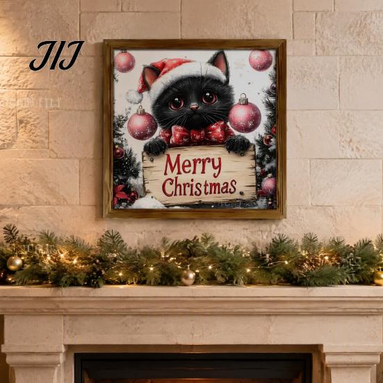 Placa de Boas-Vindas de Natal para Porta da Frente Placa Vintage, Boneco de Neve Papai Noel Gato Preto Decoração de Madeira Fofa Arte de Parede Sala de Estar Corredor, Feriado