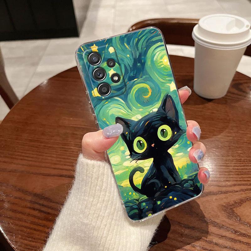 Cat Van Gogh Starry Sky For Samsung Galaxy A55 Case A54 A52 A53 5G A15 A14 A13 A23 A51 A34 A35 A33 A32 A72 A71 Clear Phone Cover