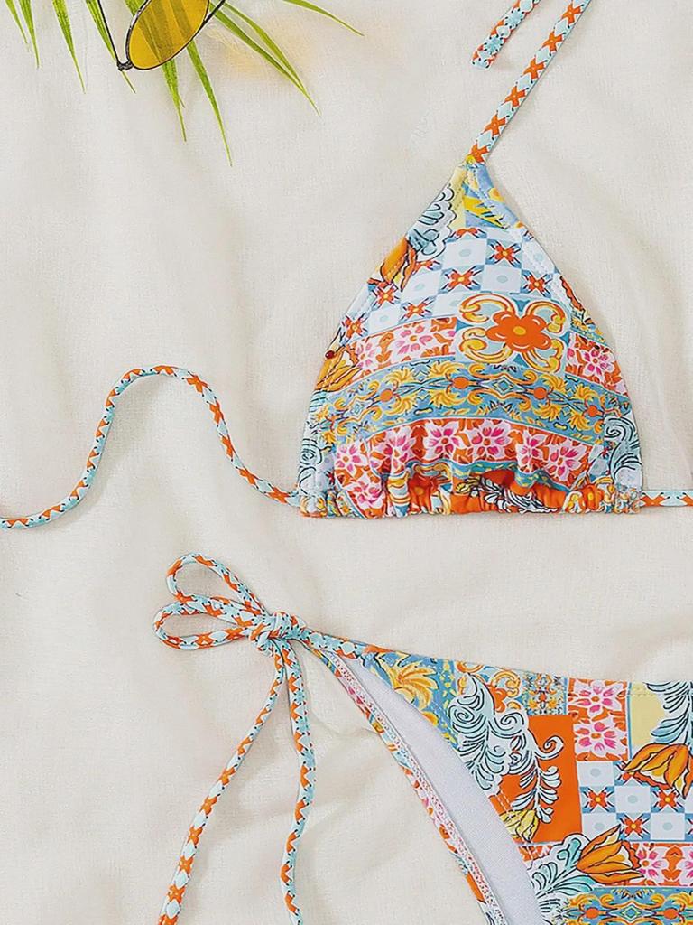 2024 Triangle Cup Printed Lace-Up Bikini Swimsuit for Women