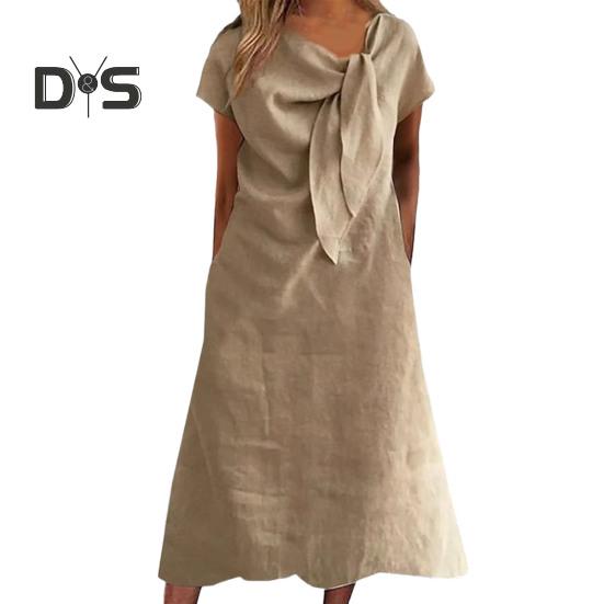 

Женское платье миди с декорированным воротником и бретельками, платье с коротким рукавом, однотонное свободное летнее повседневное платье S хаки
