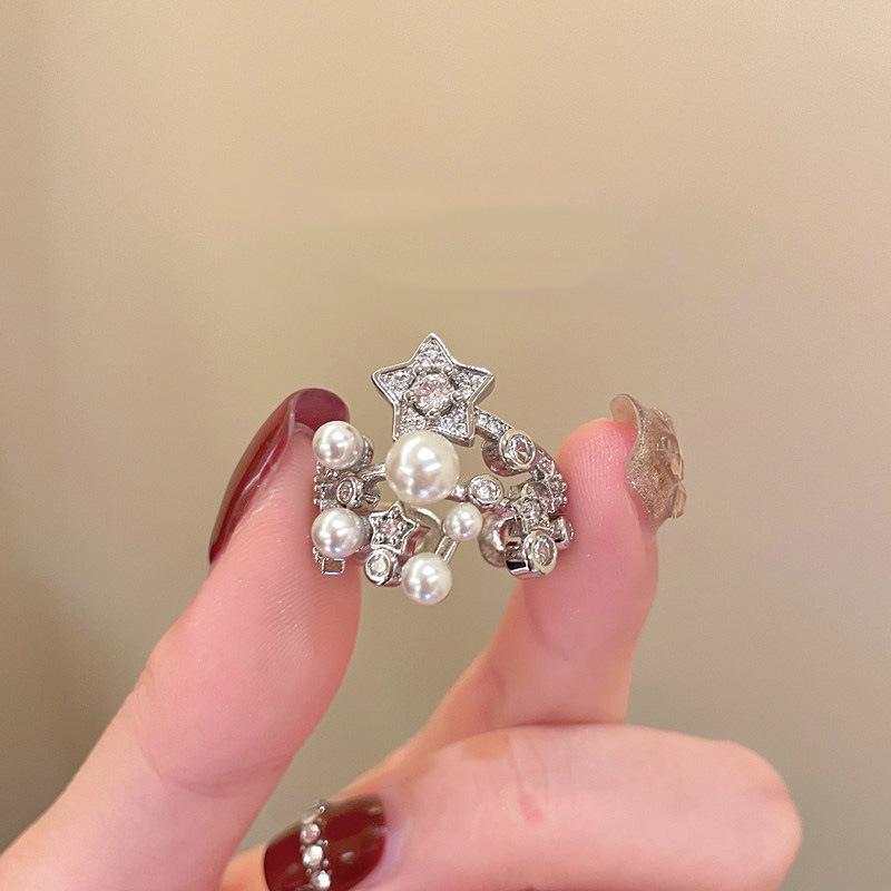 

Luxury Zircon Crystal Star Rings for Women Girls Fashion Imitation Pearl Double Layered Hollow Opening Rings Party Jewelry Gifts