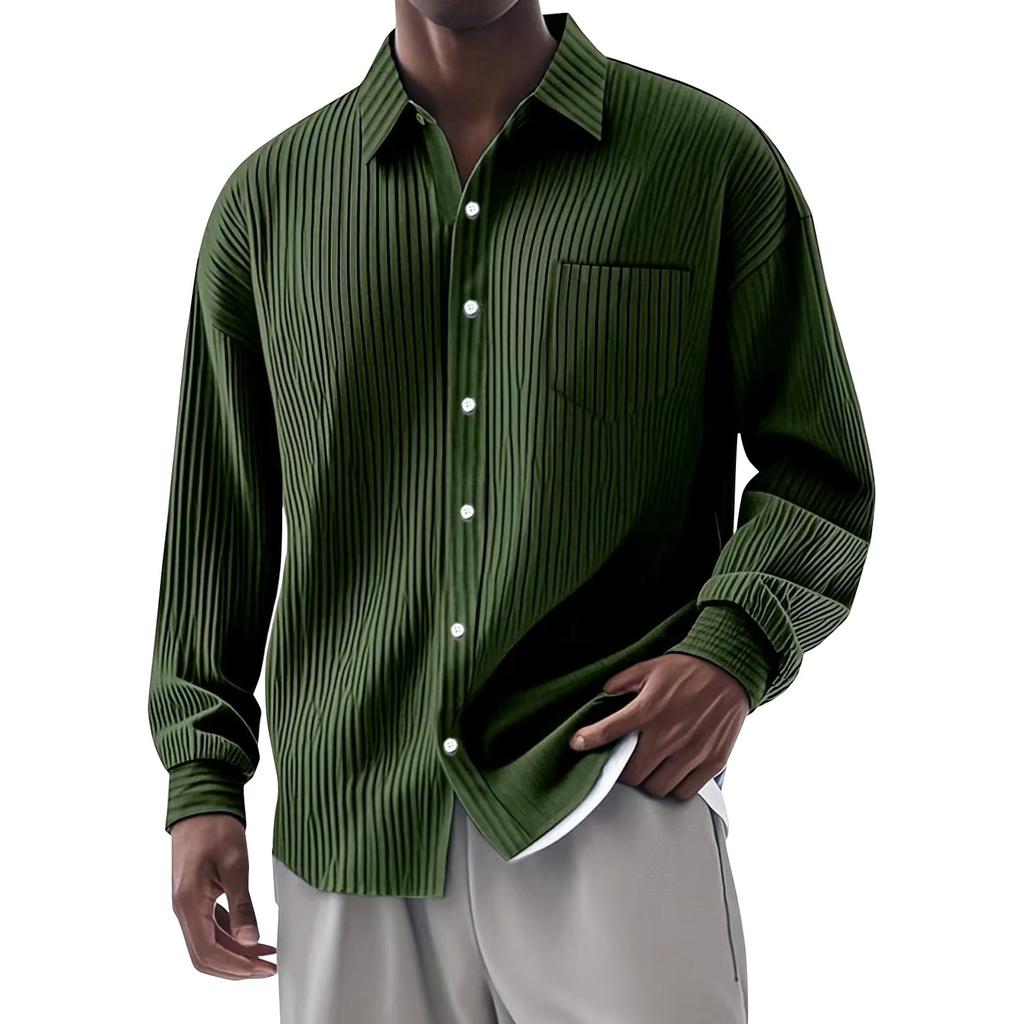 Men's Summer Solid Color Stripe Lapel Long Sleeved Shirt Men's Casual Fashion Long Sleeved Shirt