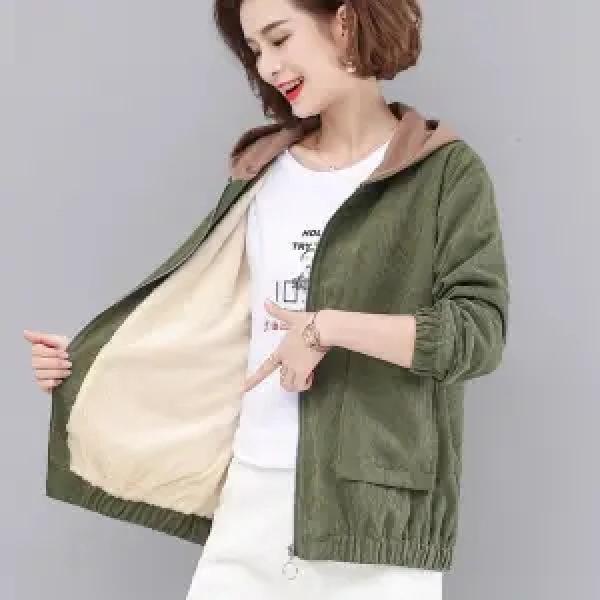 Women's Corduroy Jacket Winter Spring Autumn Plus-size Loose Fleece Hooded Jacket Short