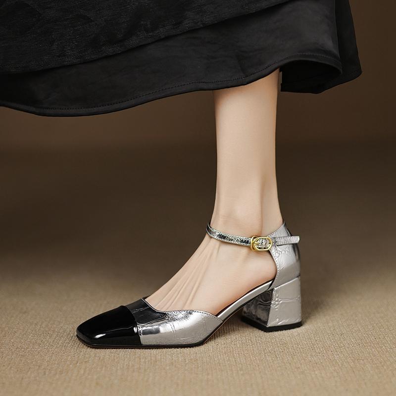 Fashion Women's new spring/summer color blocked leather square toe high-heeled high-heeled oversized elastic belt buckle toe sandals