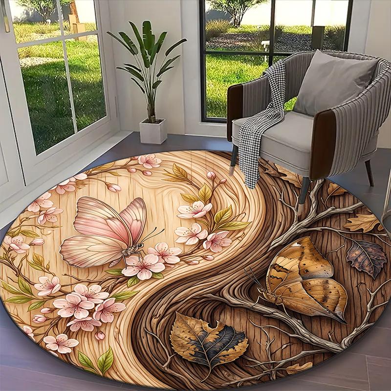 1pc Gentle Seasonal Butterfly Warmth Carpet for Room Floor Mat, Comfortable Office Chair Printed Round Rug, Beautiful Hotel Rug