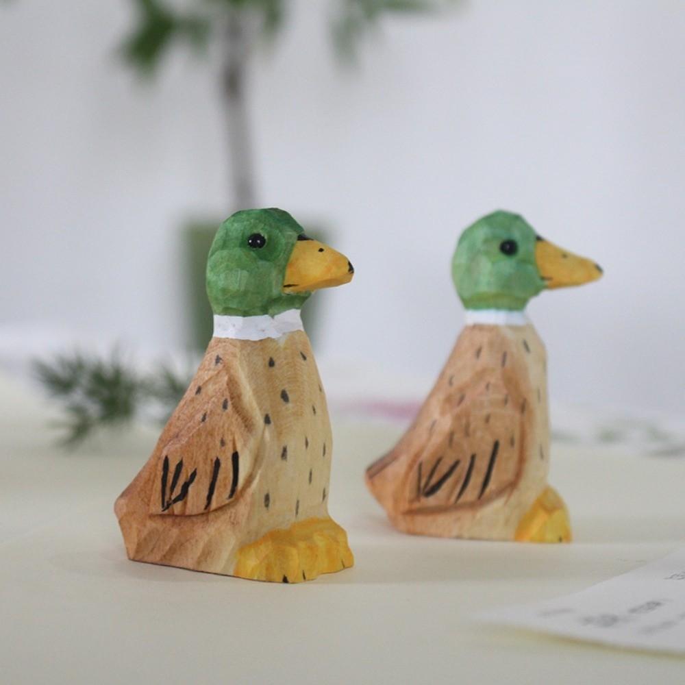 Handmade Green-headed Duck Statue Mini Desktop Ornament Wooden Duck Figure  Tabletop Display