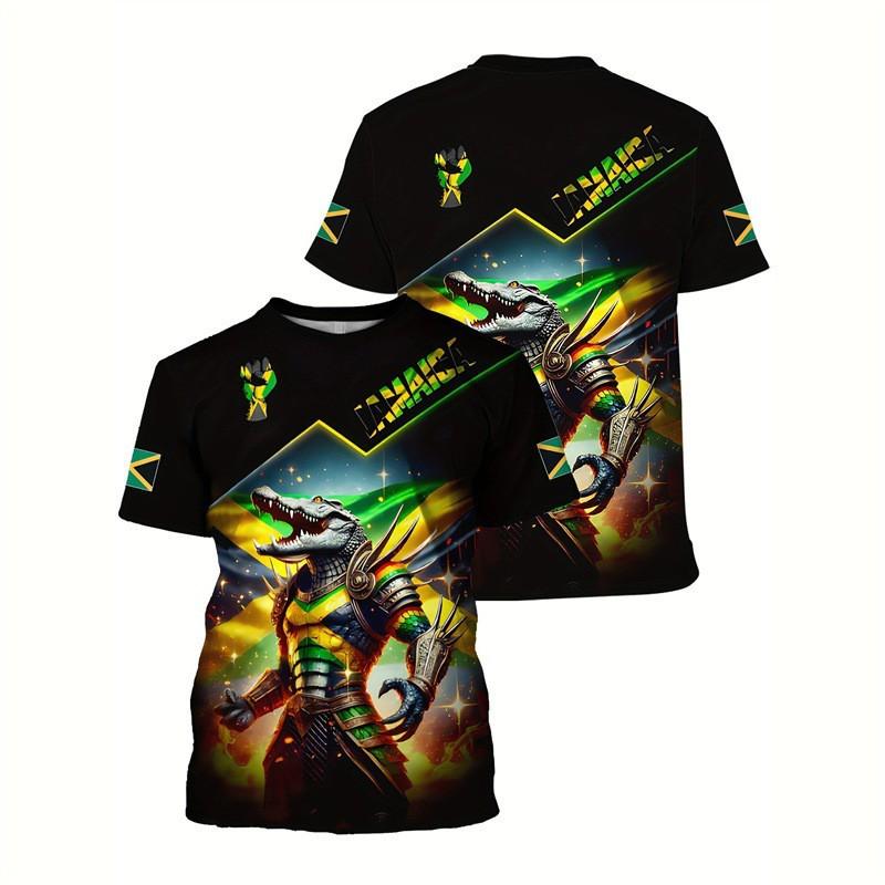 Mens Oversized Round Neck Short Sleeve T-Shirt With Jamaica Flag 3D Print Casual Tee