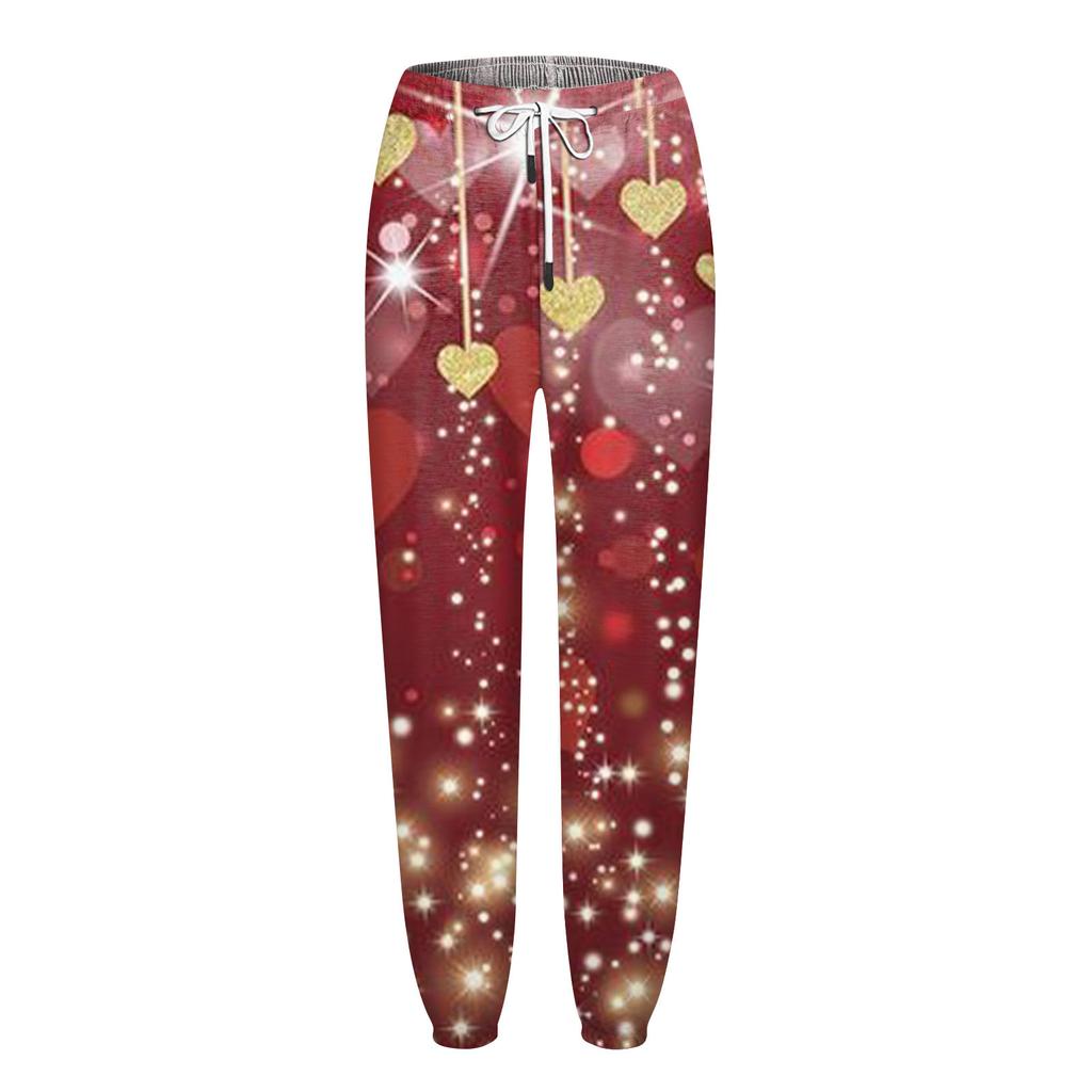 Dámské ležérní módní vánoční tepláky s potiskem, elastické kalhoty se stahovací šňůrkou