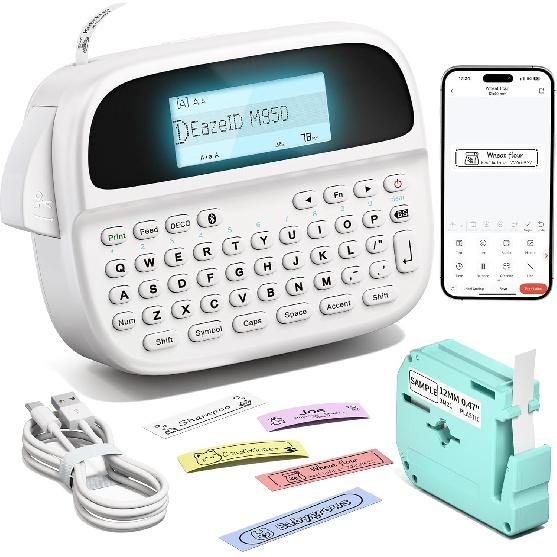Label Maker Waterproof-Labels, Bluetooth Labeler Machine with Tapes, Portable Rechargeable Label Maker, QWERTY Keyboard & Backlit LCD, for Home White Label Maker