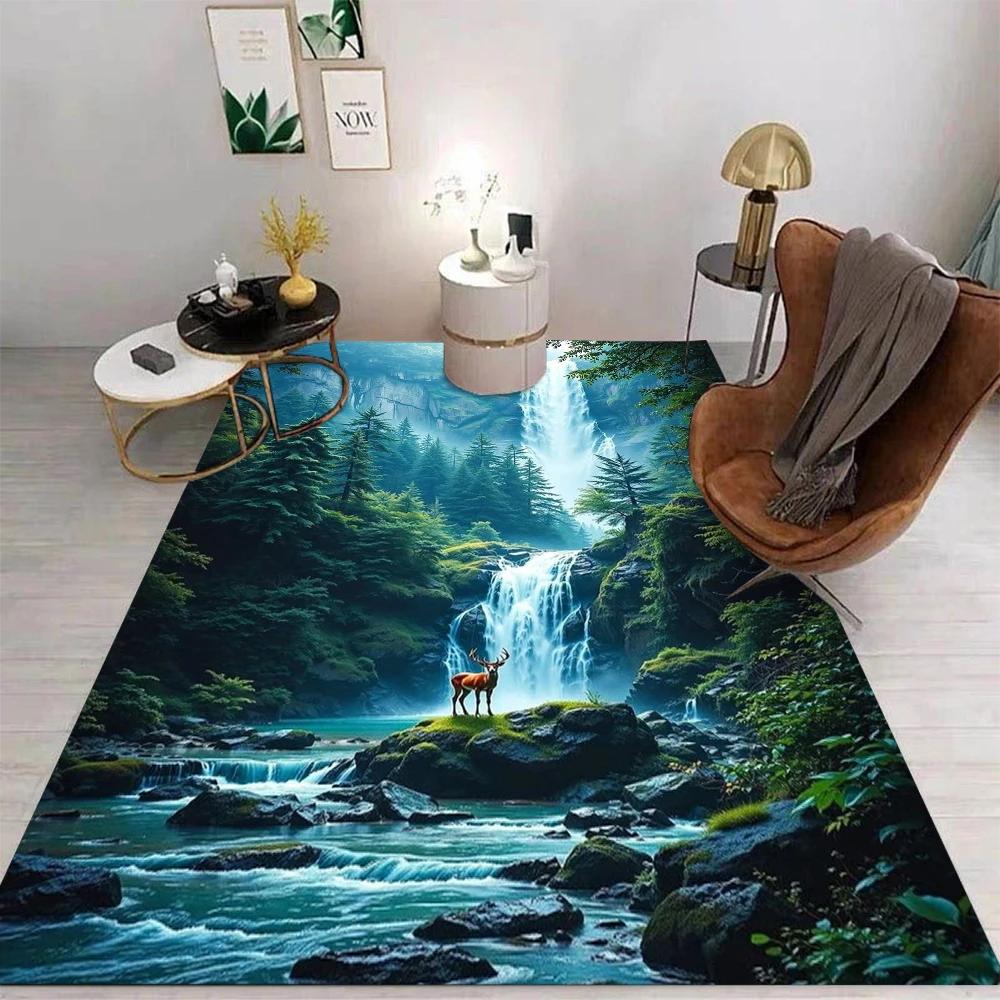 Natural Landscape Waterfall Forest 3D Art Area Rug Non Slip Soft Carpet For Living Room Bedroom Home Decor Nature Lovers Use