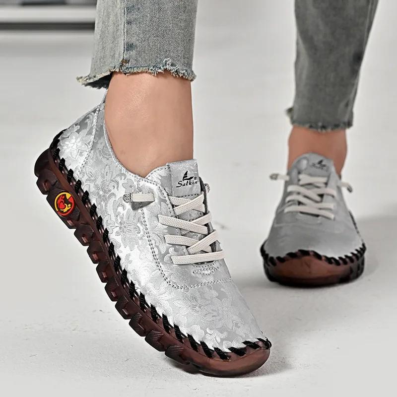 Fashion Sneakers Women Large Size 35-44 Loafers Lace Leather Flat New Spring Casual Comfortable Mom Shoe Mujer Zapatos Chaussure Femme