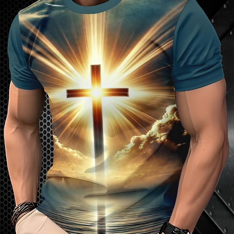 1 Men s Summer Short Sleeve T-Shirt - Breathable Polyester Fabric 3D Christian Cross Pattern Print, S