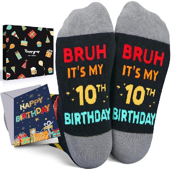 HAPPYPOP Birthday Gifts Ideas for Boys - Socks with Greeting Card for Kids Age 5-12 Bruh It’s My 10th Black