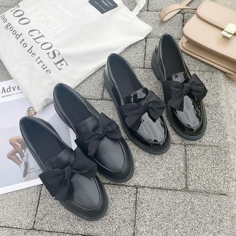 New Women Loafers Bowtie Slip On Shoes Female Boat Black Oxford Footwear Casual Patent Leather Autumn Lolita Zapatos Mujer