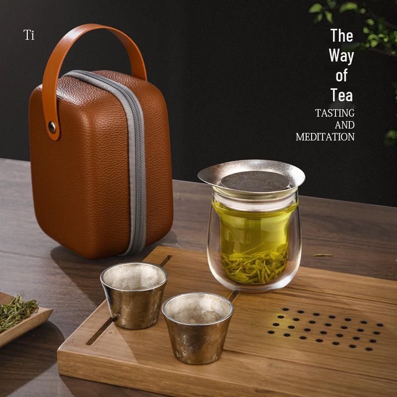 Double-Layer Glass Gongfu Tea Set with Anti-Scald Design and Pure Titanium Strainer Travel Glass Set 1+2 Small Cups
