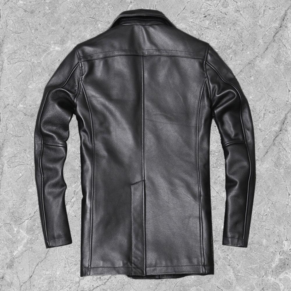 Chinese Size Long Jacket Men Genuine Leather Wind Coat Classic Black Plus Size Cowhide Jacket Casual Leather Cloth