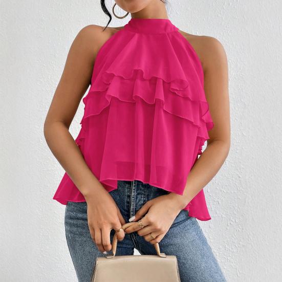 Women Tops Halter Neck Sleeveless Solid Color Pullover Tops Multi Layer Ruffle Hem Commuting Style Short Tops