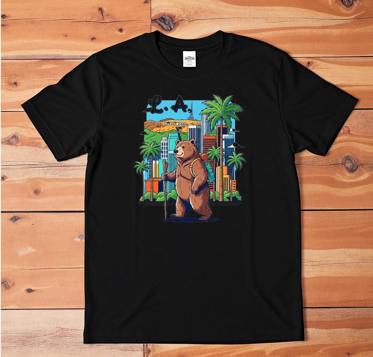 LA California Bear T-Shirt Hollywood Skyline Palm Trees Retro Graphic Tee XXL