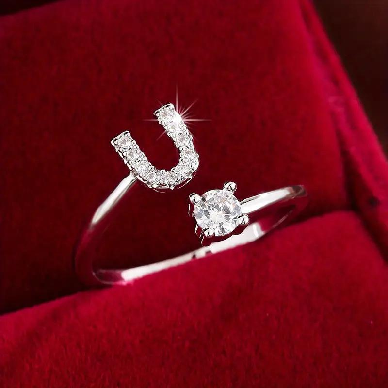 26 English Letter Micro-set Zircon Fashion Women's Ring, Copper-plated 14K Open Plain Ring