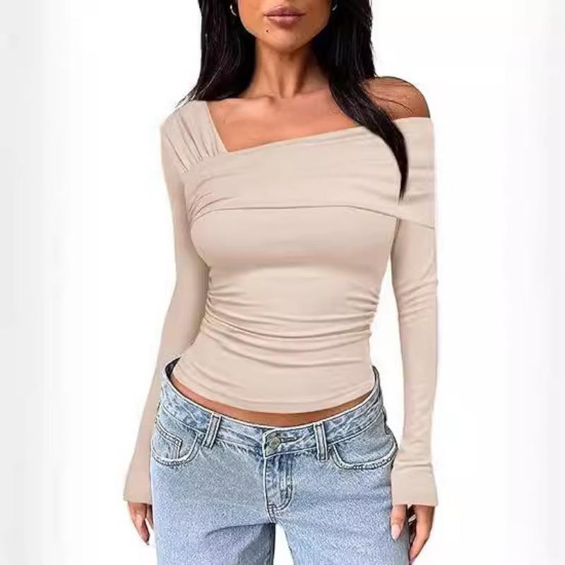Spring Summer Women's T-Shirts Single Shoulder Long Sleeve Top with Ruffles Outing Sexy Slimming Tops Y2K